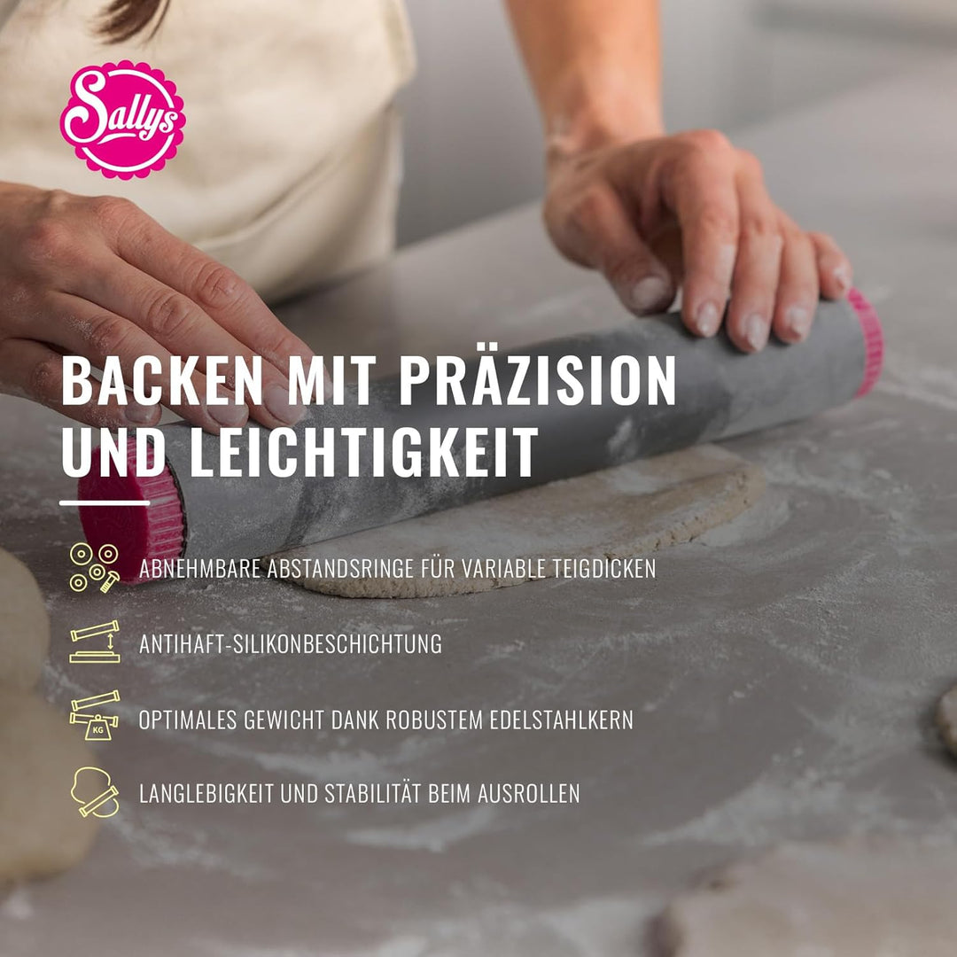 Sallys Profi Ausrollstab- 30 cm, Antihaftbeschichtetes Nudelholz aus Silikon, Teigroller mit abnehmb