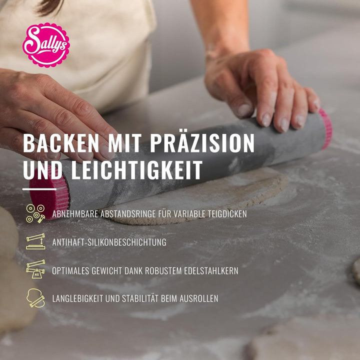 Sallys Profi Ausrollstab- 30 cm, Antihaftbeschichtetes Nudelholz aus Silikon, Teigroller mit abnehmb