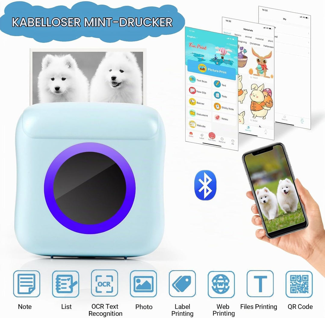 GuKKK Mini Drucker, Mobiler Fotodrucker, Tragbarer Mini Fotodrucker, Wireless Thermodrucker mit 11 R