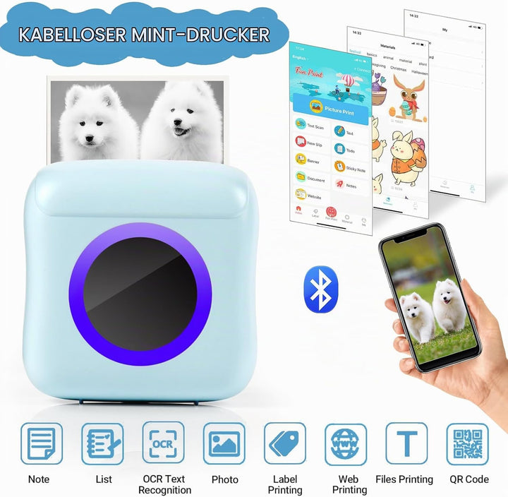 GuKKK Mini Drucker, Mobiler Fotodrucker, Tragbarer Mini Fotodrucker, Wireless Thermodrucker mit 11 R
