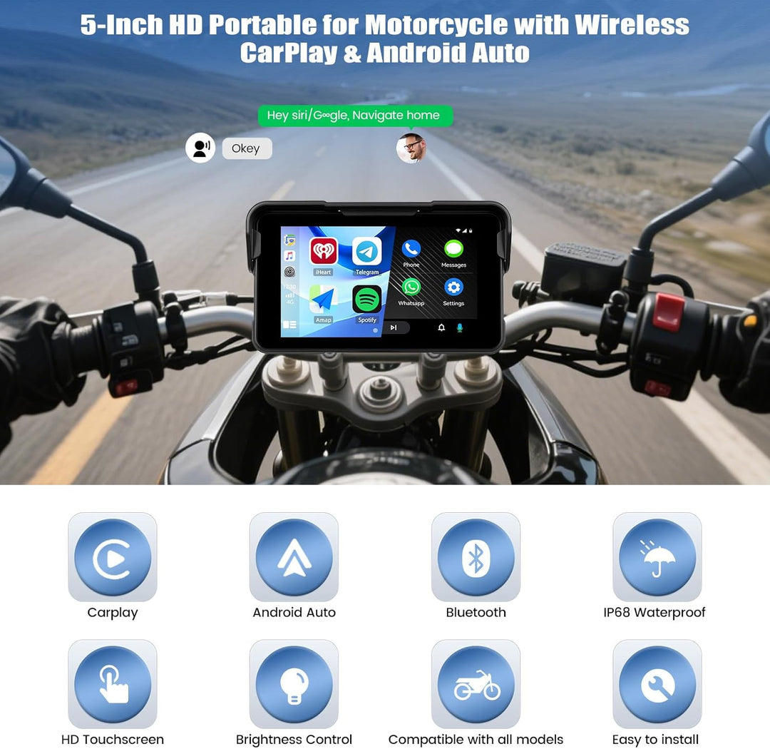 SIXWIN Motorrad Carplay Display für Moto mit Wireless Carplay Android Auto, 5 Zoll HD Touchscreen Bi