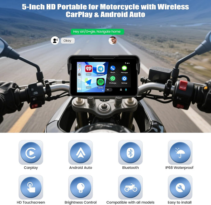 SIXWIN Motorrad Carplay Display für Moto mit Wireless Carplay Android Auto, 5 Zoll HD Touchscreen Bi