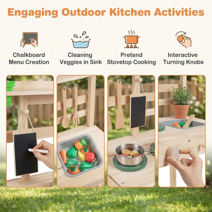 HOMASIS Kinderspielküche, Outdoor-Matschküche mit Herd, Spüle, Drehknöpfen und Kreidetafel, Kochspie