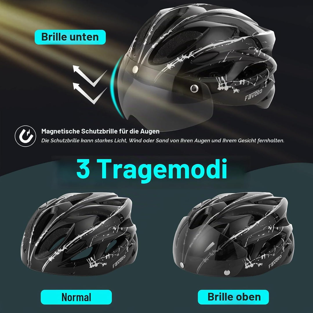 Favoto Fahrradhelm Herren mit Licht - Damenhelm Fahrradhelm Leichtgewicht Atmungsaktiv mit Brille Rü