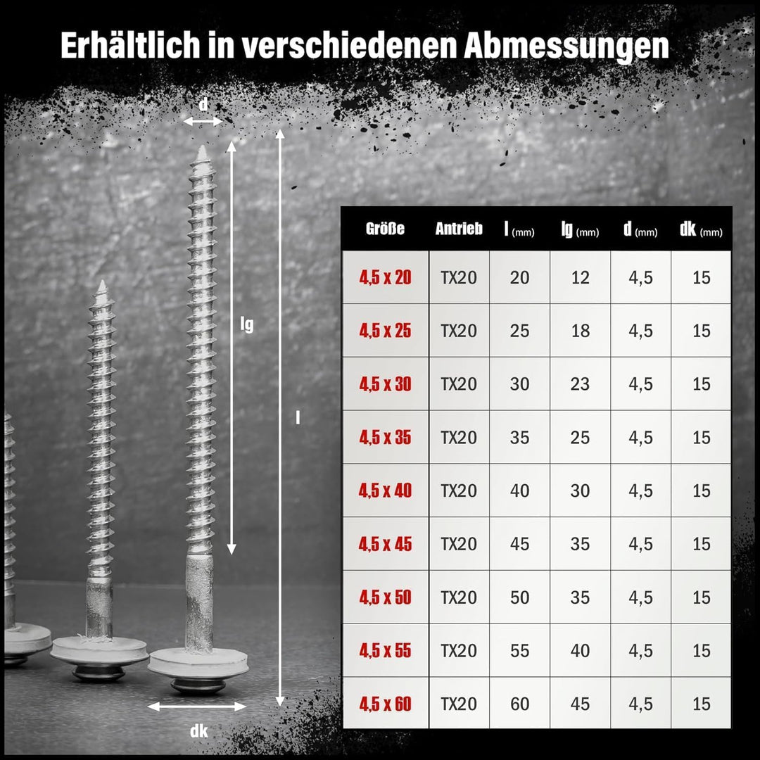 200 Stück SCREW REBEL Spenglerschrauben 4,5 x 25 mm - Edelstahl A2, Inox mit EPDM-Dichtscheibe Ø15mm