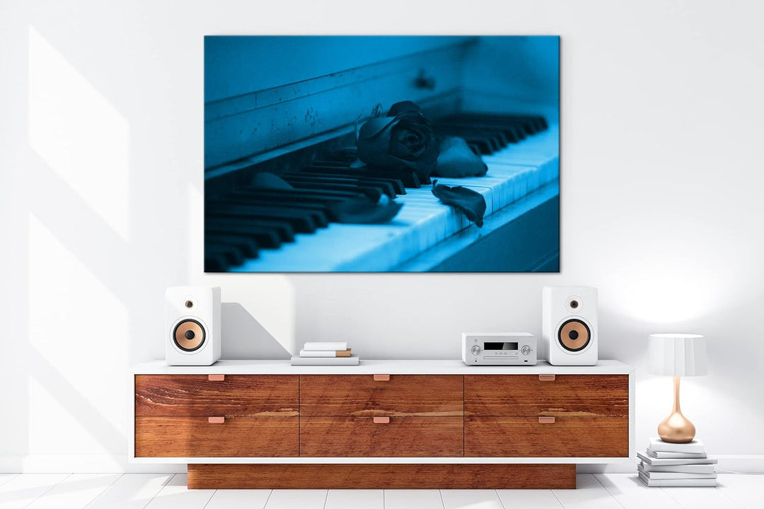 deyoli altes Klavier mit roten Rosen Format 80x60 Effekt: Monocrome Blau als Leinwandbild, Motiv fer