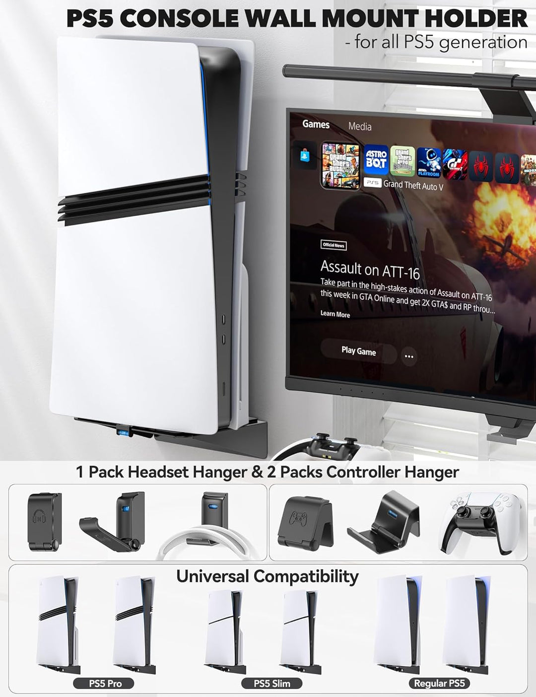 PS5 Wandhalterung für PS5/Slim/Pro mit Headset & Controller Halter, PS5 Stand, Universal 2 Pack Cont