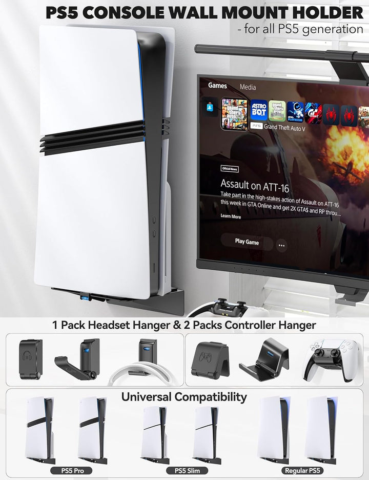 PS5 Wandhalterung für PS5/Slim/Pro mit Headset & Controller Halter, PS5 Stand, Universal 2 Pack Cont