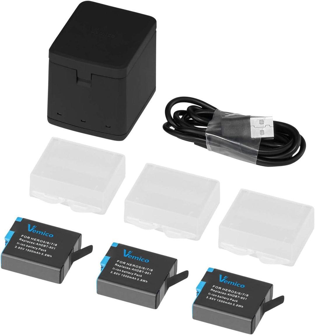 Vemico Hero 8 Akku Ladegerät Kit 3 Pack 1500 mAh ErsatzAkku 3 Kanal Ladebox Typ-C USB Mit Einem Schu