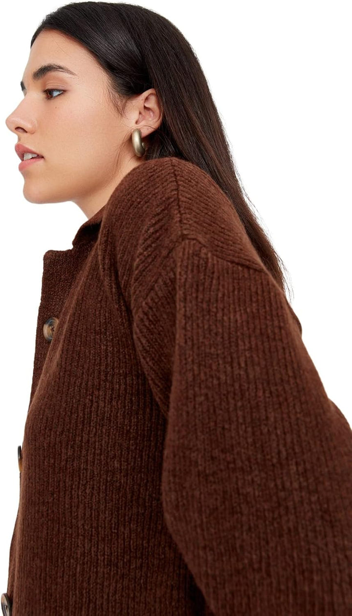 TRENDYOL Damen Hemdkragen Einfarbig Oversize Cardigan Pullover L Braun, L Braun
