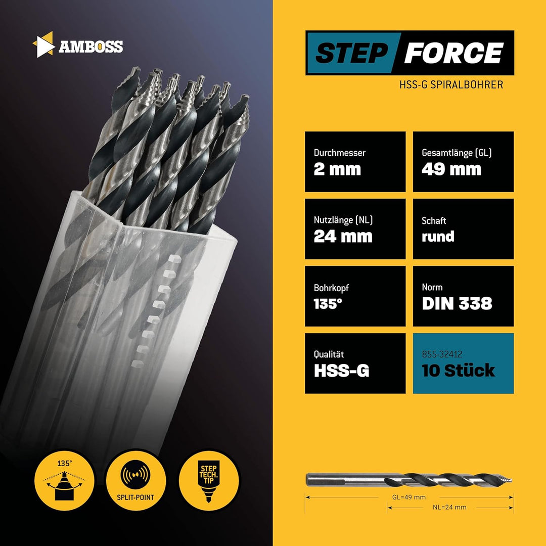 10x Spiralbohrer Step Force Ø2.0 mm - HSS-G DIN 338 für Stahl, Baustahl, Alu, Buntmetalle AMBOSS WER