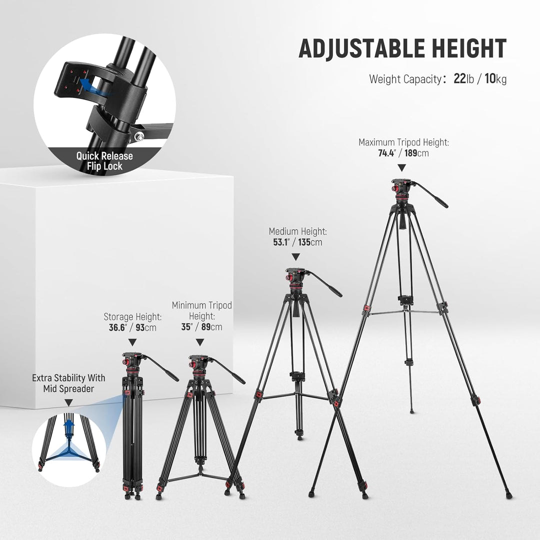 NEEWER 74" Pro Videostativ mit Einstellbarem Dämpfung Fluidkopf,Metall Dual Mode QR Platte,kompatibe