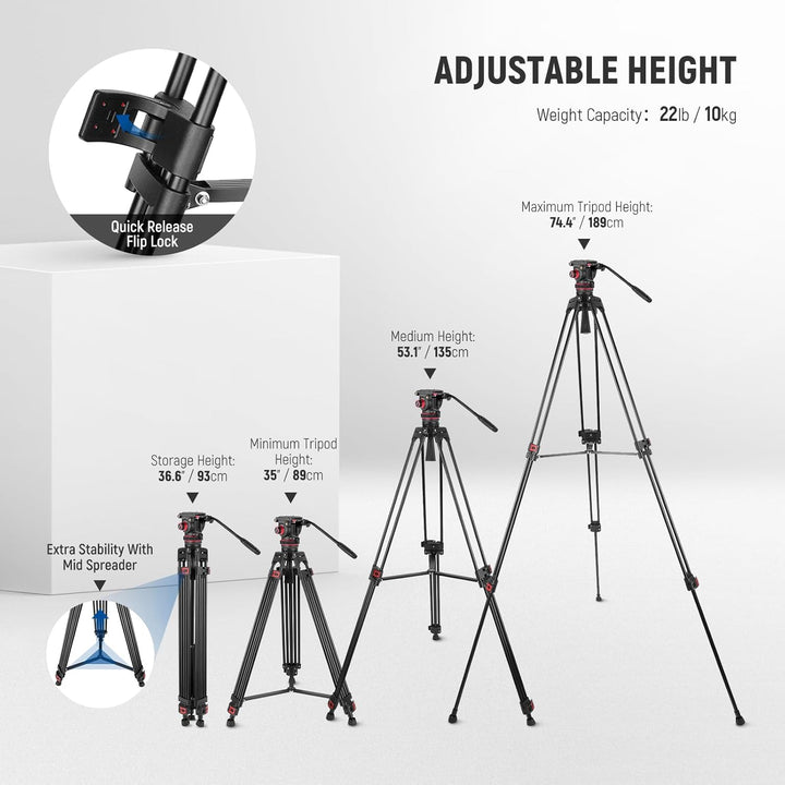 NEEWER 74" Pro Videostativ mit Einstellbarem Dämpfung Fluidkopf,Metall Dual Mode QR Platte,kompatibe