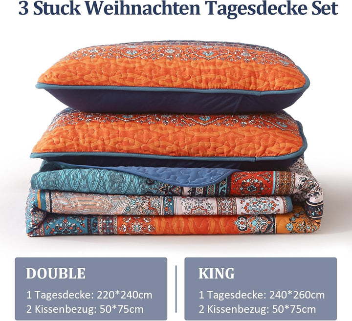 WONGS BEDDING Tagesdecke 220x240 Bettüberwurf Boho Decke Steppdecke 3 Teilig Doppelbett Gesteppt Bet