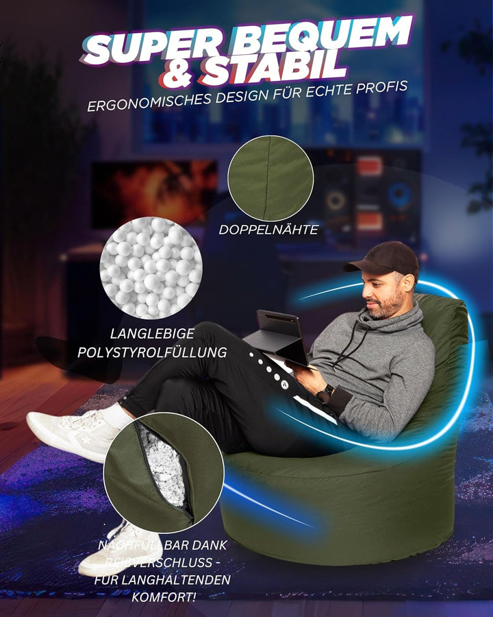 PATCH HOME Gamer Sessel Sitzsack Beanbag in 2 verschiedenen Grössen und 25 XXL - 80cm Durchmesser, 3