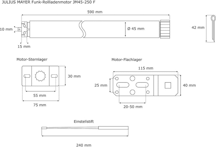 JULIUS MAYER Funk Rolladenmotor JM45-250F, SW 60 mm, Zugkraft 50 kg, elektro-mechanischer Rohrmotor