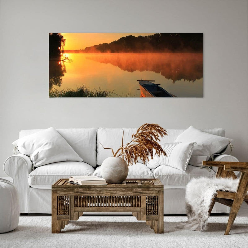 Wandbilder Dekoration Wohnzimmer Morgen Nebel See Landschaft Panorama Bilder auf Leinwand 120x50cm L