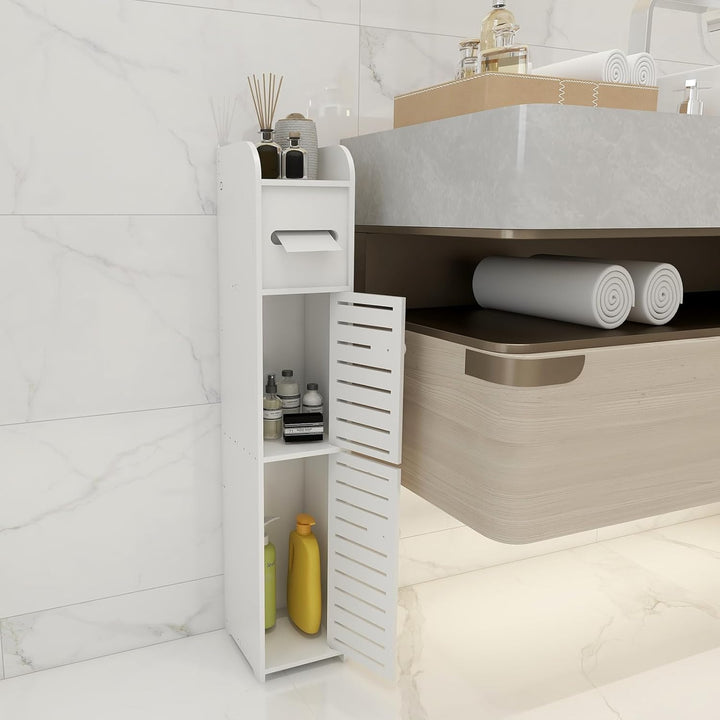 17x15x78cm Doppeltür PP Badezimmerschrank Weiss – Schmaler WC Schrank mit Toilettenpapierhalter, Pla
