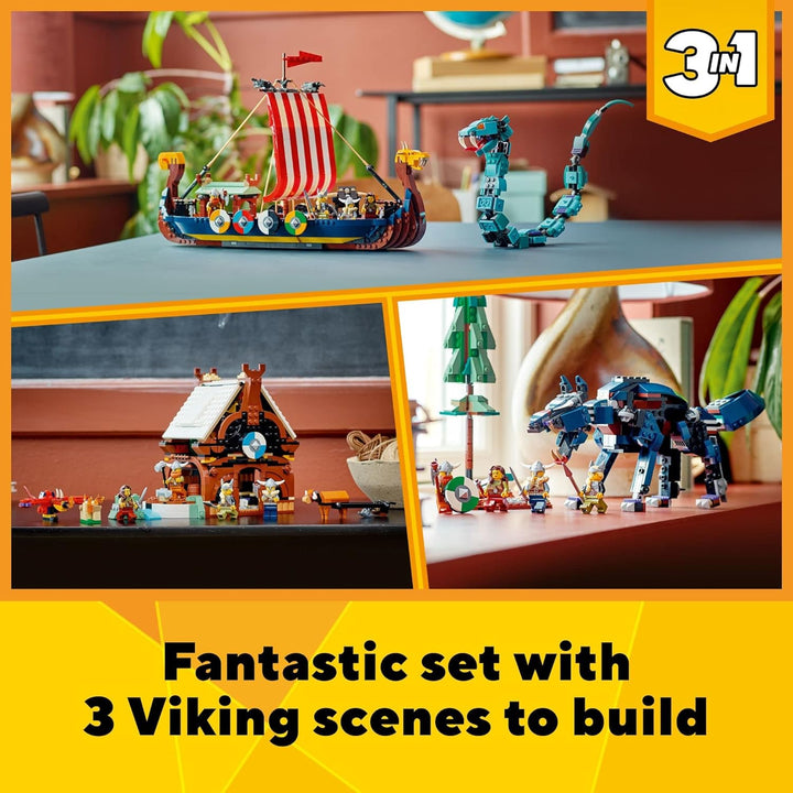 LEGO Creator 31132 3-in-1 Bauspielzeug Set mit Wikingerschiff und Midgard Schlange für Jungen, Mädch