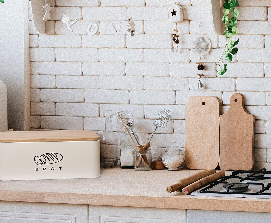Theo&Cleo Brotkästen mit Deckel, 42 * 23 * 16cm, Deckel aus Ökologisches Bambus, Kann als Schneidebr
