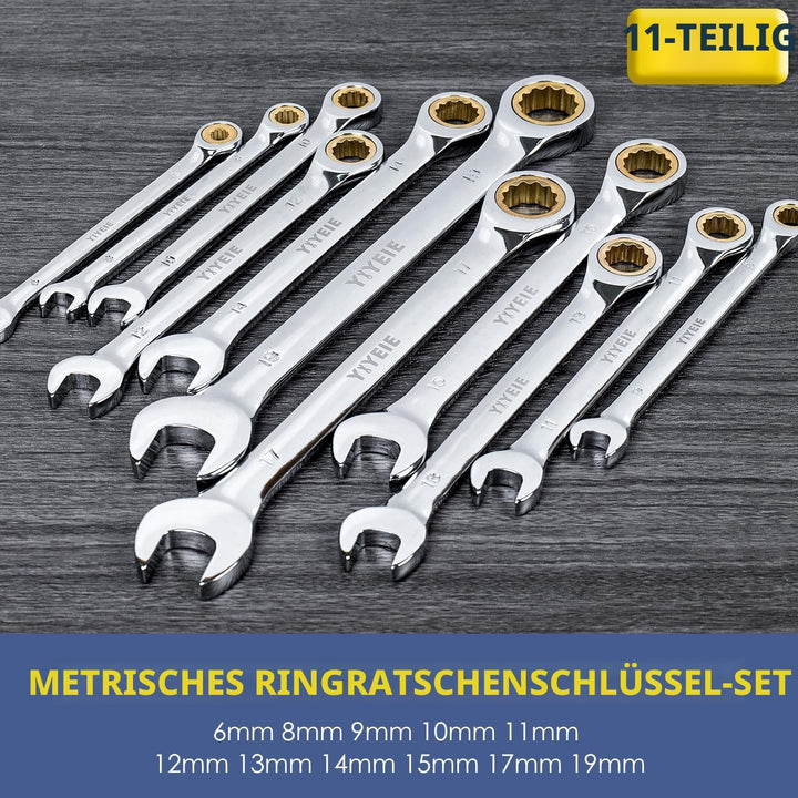 11TLG Ratschenschlüssel Set 6-19 mm, 72-Zähne-Gold-Ringmaulschlüssel Set, Cr-V-Stahl mit Rolltasche,