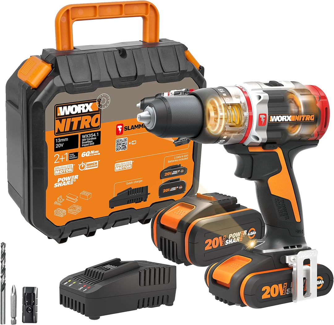 WORX NITRO 18V (20V MAX) Akku-Schlagbohrer WX354.1, PowerShare PRO, Hammerbohrer, bürstenloser Motor
