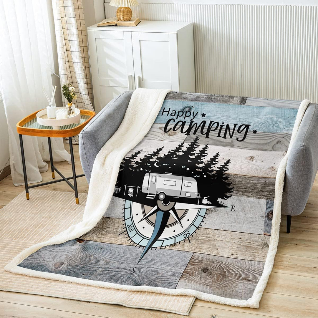 Rv 150x200cm Fleece Decke Glückliche Camping Wurf Decken für Camper, Kompass Dekor Sherpa Decke für