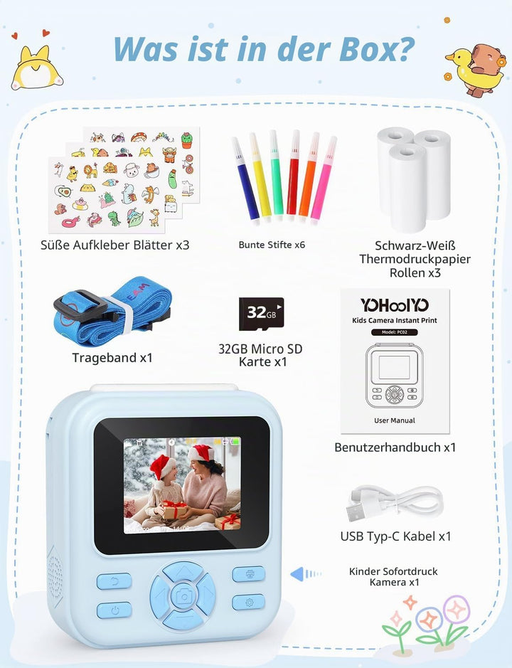 YOHOOLYO Sofortbildkamera Kinder 2,4 Zoll 1080P HD Kinderkamera mit 3 Rollen Druckpapier 32GB Karte