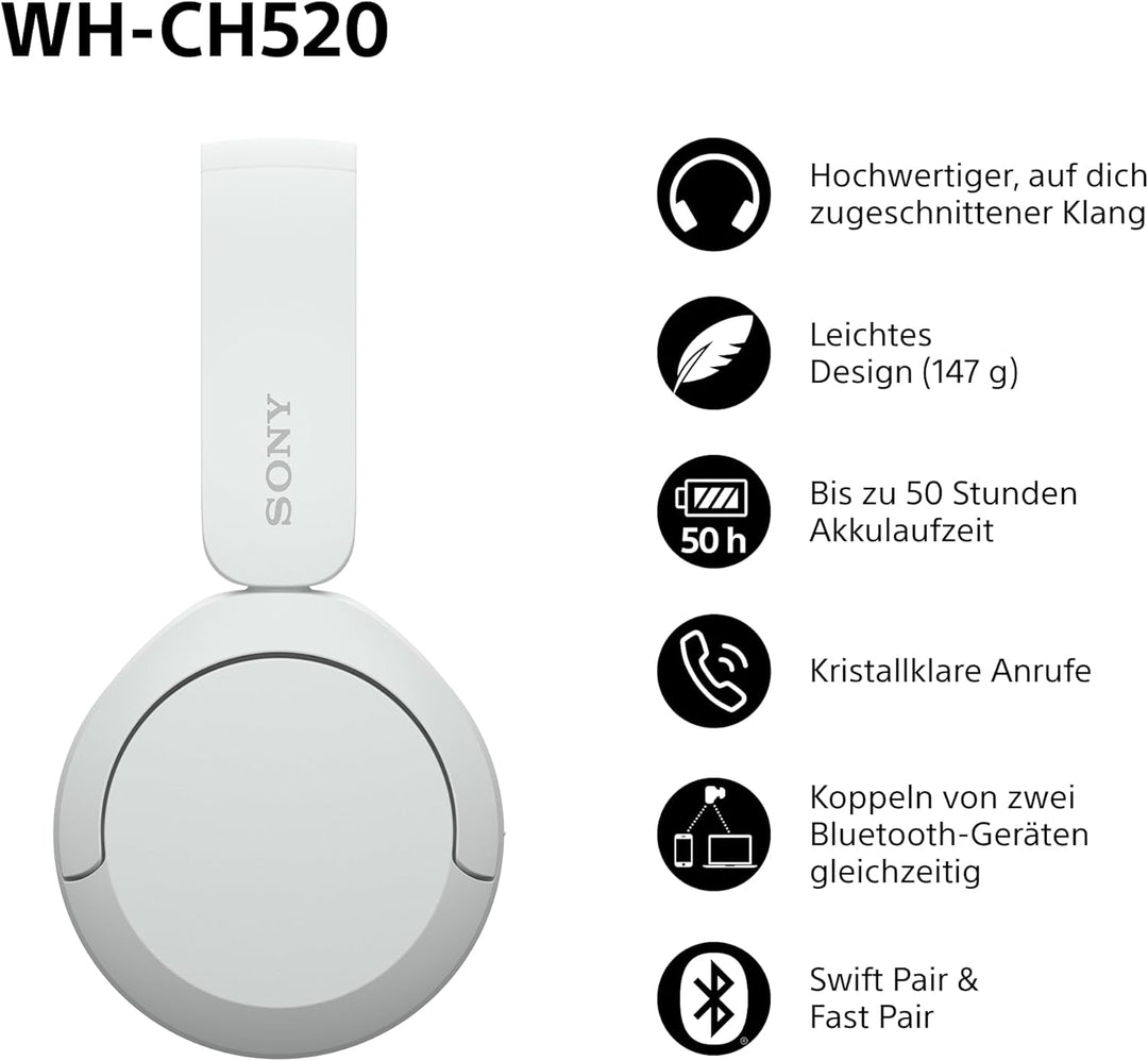 Sony WH-CH520 Kabellose Bluetooth-Kopfhörer - bis zu 50 Stunden Akkulaufzeit mit Schnellladefunktion