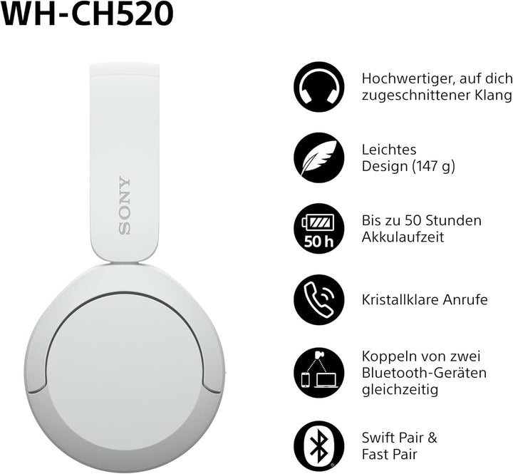 Sony WH-CH520 Kabellose Bluetooth-Kopfhörer - bis zu 50 Stunden Akkulaufzeit mit Schnellladefunktion