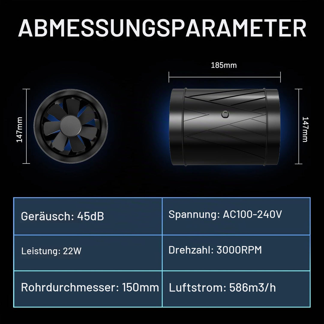 Aygrochy 150mm Rohrventilator Regelbar, EC-Motor Rohrlüfter 586m³/h, Abluftventilator für für Winter