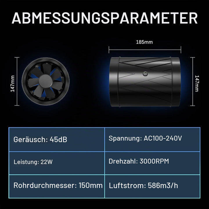 Aygrochy 150mm Rohrventilator Regelbar, EC-Motor Rohrlüfter 586m³/h, Abluftventilator für für Winter