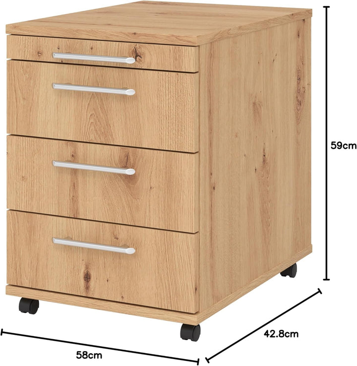 bümö Basic Rollcontainer mit Schubladen, Container aus Holz in Asteiche - Rollwagen für's Büro als S