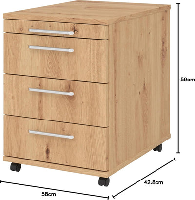 bümö Basic Rollcontainer mit Schubladen, Container aus Holz in Asteiche - Rollwagen für's Büro als S