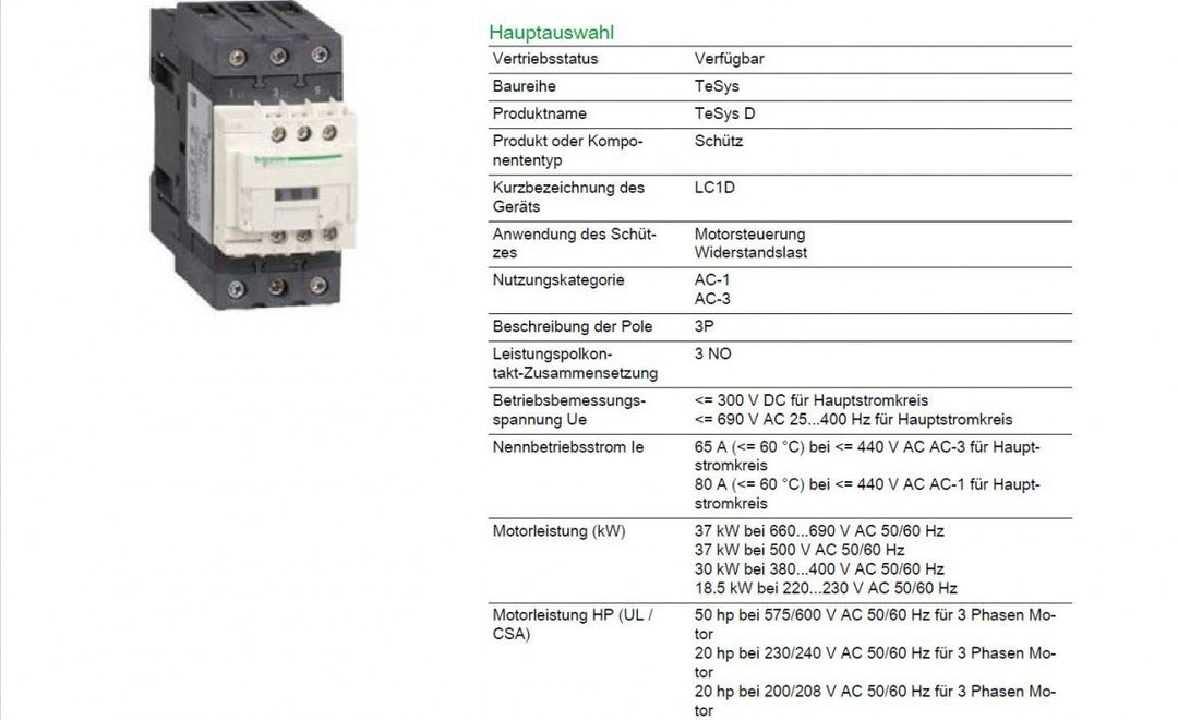 Schneider Electric TeSys D Schütz LC1D65AP7-3P (3 NO) - AC-3-440 V 65 A - 230 V AC 50/60 Hz Spule