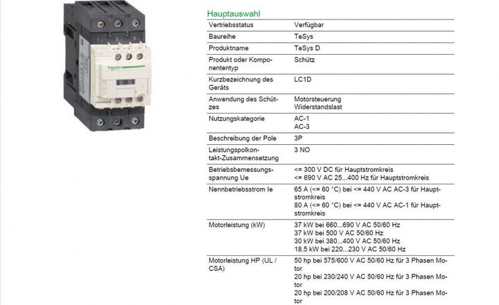 Schneider Electric TeSys D Schütz LC1D65AP7-3P (3 NO) - AC-3-440 V 65 A - 230 V AC 50/60 Hz Spule