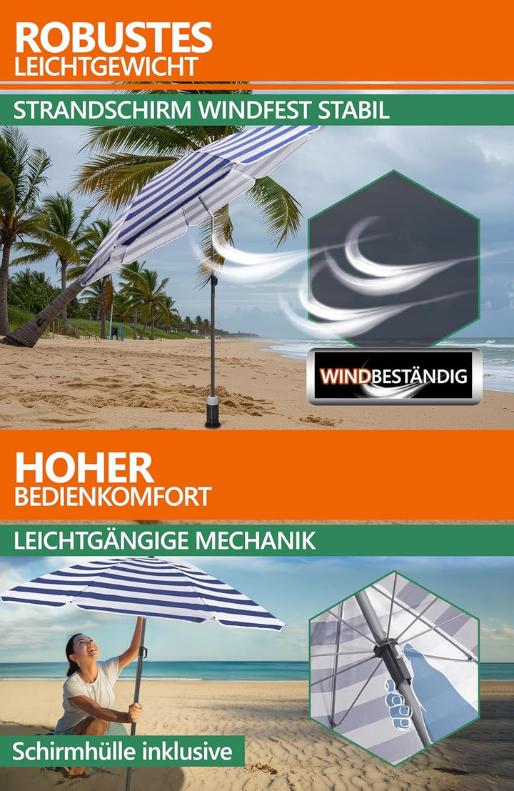 4smile Sonnenschirm Strand Ø 180 cm, 3-in-1 SET mit Bodenhülse, Blau-Weiss | UPF 50+ Strandschirm +