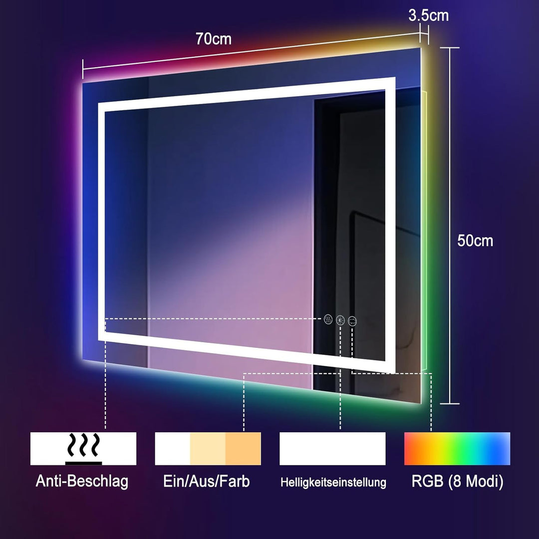 Badspiegel mit Beleuchtung | 3-Farben & RGB-Led Spiegel-Dimmbar | Anti-Beschlag | 50x70 cm | IP65 Wa