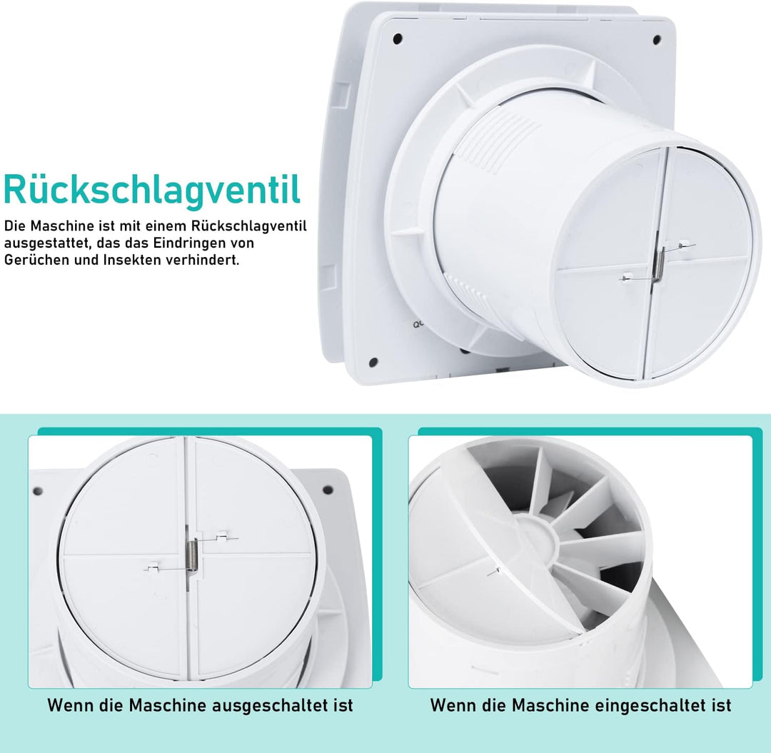 Ikodm Badlüfter 150mm mit Feuchtigkeitssensor und Rückstauklappe timer, Badezimmerlüfter Bad Lüfter
