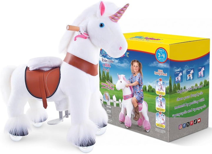 PonyCycleEinhorn Reitpferd für Kinder 3-4 Jahre, 76cm Hoch, Spielpferd mit Handbremse und Klang, Wei