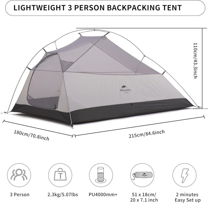 Naturehike Cloud-Up 3 Ultraleichtes Zelt 3-Personen Rucksack Zelt zum Wandern Camping im Freien 20D