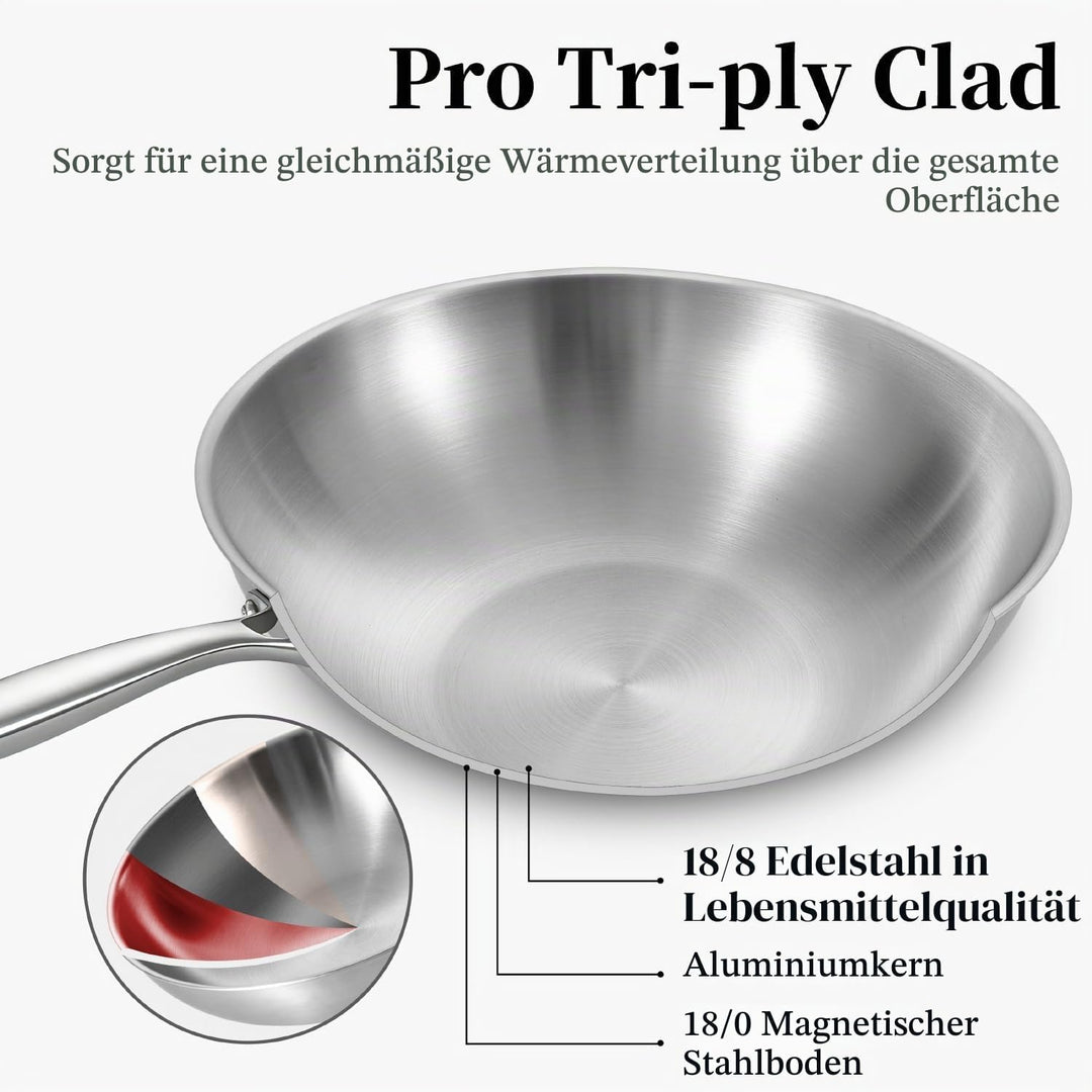 Inqibee Wokpfanne Edelstahl 28 cm mit Deckel, Unbeschichtete Wok Pfanne für Induktion &amp; Gasherd, Ede
