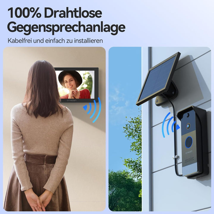 TMEZON WLAN Kabellose Video-Türsprechanlage mit 7''Touchscreen, 1080P Türklingel Kamera mit Solarbet