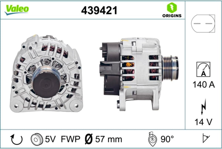 VALEO 439421 Generator Ladestrom des Generators: 140 Amp Rippen: 5 rippen Riemenscheibe Ø: 57,2 mm S