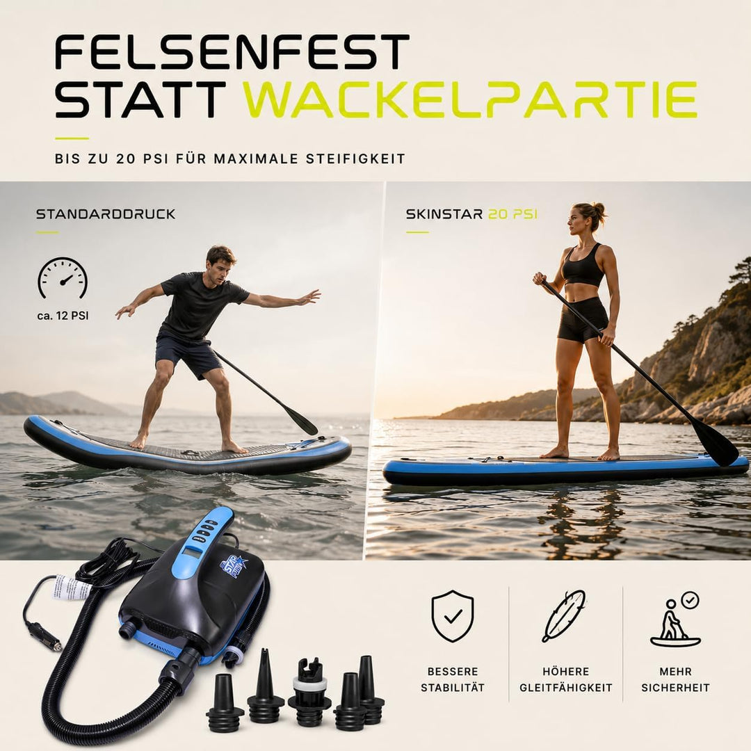 SkinStar elektrische SUP Board Pumpe Luftpumpe Kompressor Stand Up Paddle | Bis 20 PSI, automatische