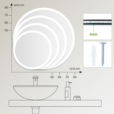 Trintion Spiegel mit Beleuchtung, 50cm Rund LED Spiegel mit Touch-Schalter, Dimmbar, 3 Lichtfarbe Ei