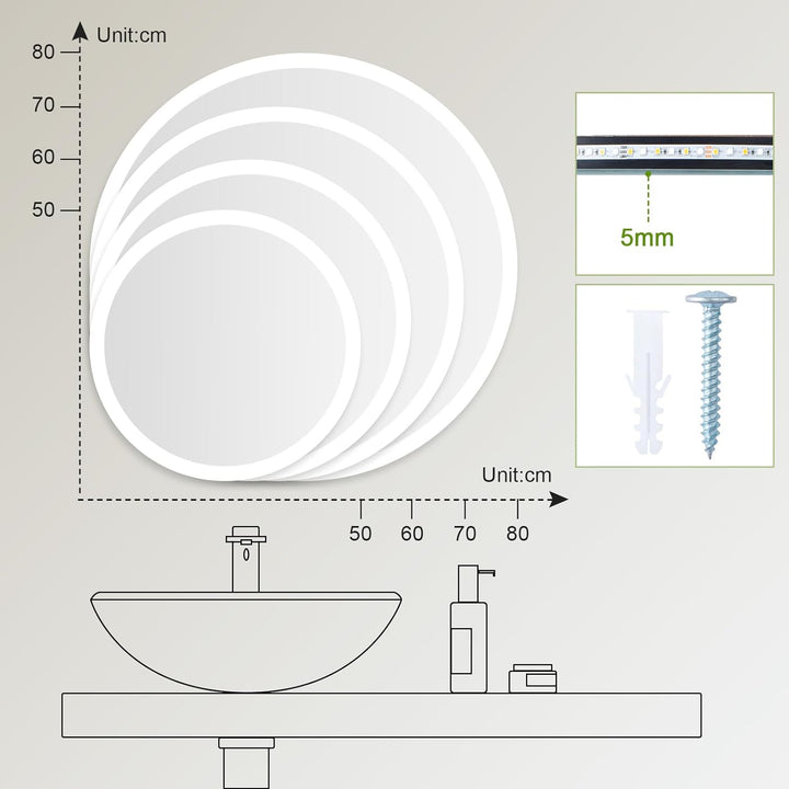 Spiegel mit Beleuchtung, 70cm Rund LED Spiegel mit Touch-Schalter, Dimmbar, 3 Lichtfarbe Einstellbar