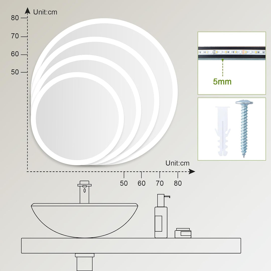 Spiegel mit Beleuchtung, 70cm Rund LED Spiegel mit Touch-Schalter, Dimmbar, 3 Lichtfarbe Einstellbar