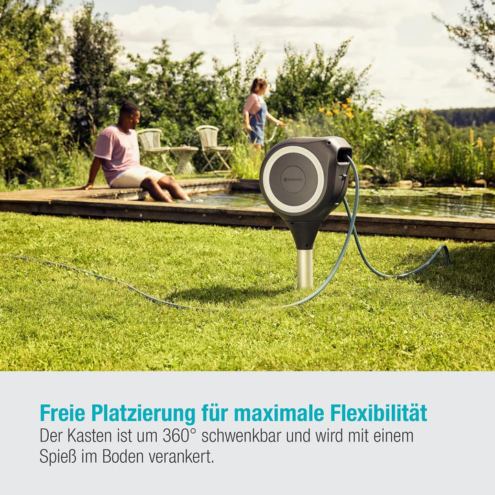 GARDENA Garten-Schlauchbox RollUp M (weiss) 20 m, Schwenkbare Schlauchbox, integrierte Schlauchführu