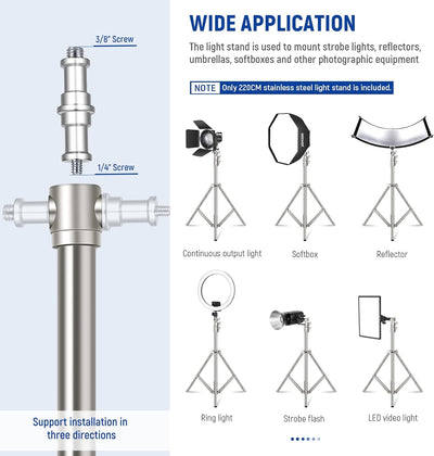 NEEWER 7,2Fuss/2,2m Edelstahl Lichtständer,gefederter Hochleistungs Stativständer für Fotografie mit